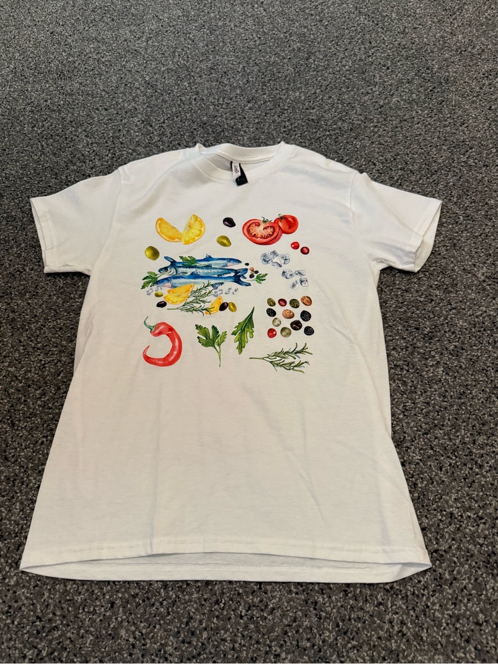 White Short-Sleeve Tee with Colorful Food Illustration